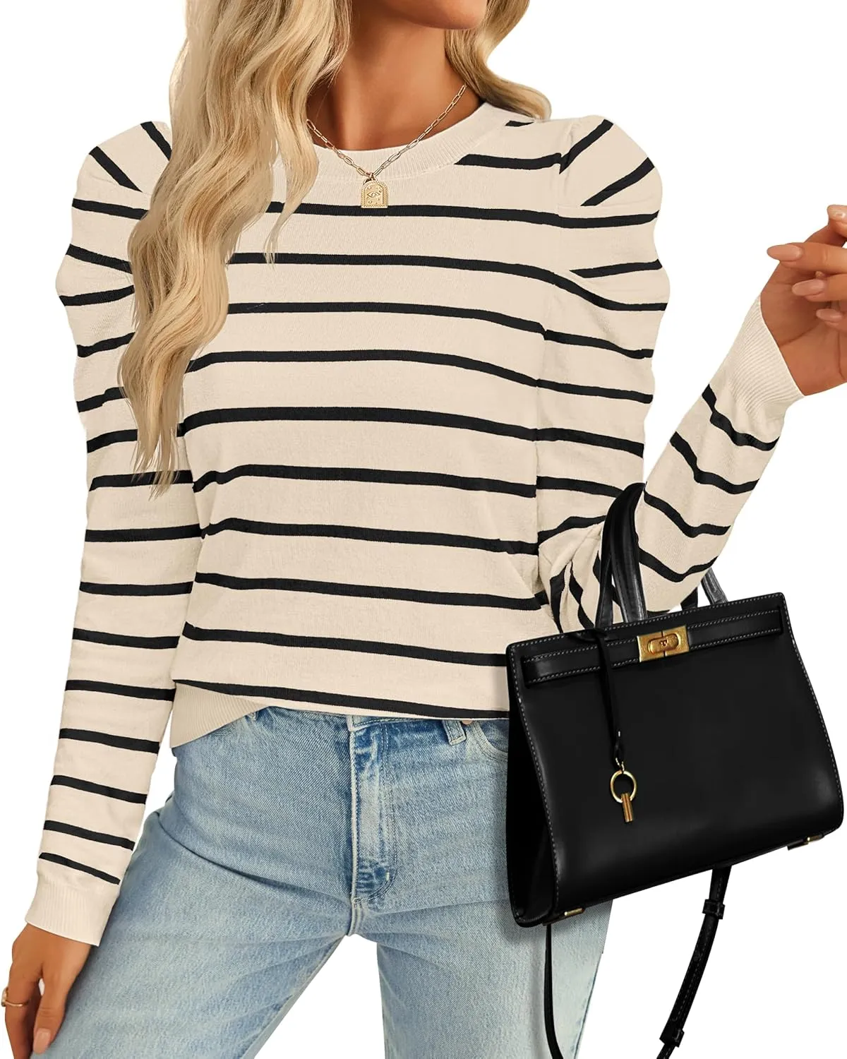 ZESICA Women's Striped Puff Long Sleeve Tops Fall Crewneck Ribbed Knit Casual Pullover Sweaters