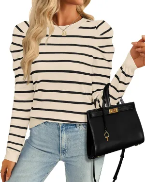 ZESICA Women's Striped Puff Long Sleeve Tops Fall Crewneck Ribbed Knit Casual Pullover Sweaters