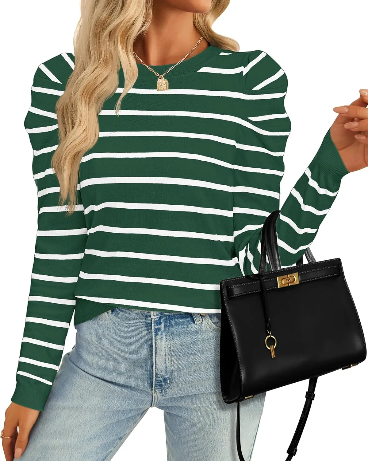 ZESICA Women's Striped Puff Long Sleeve Tops Fall Crewneck Ribbed Knit Casual Pullover Sweaters
