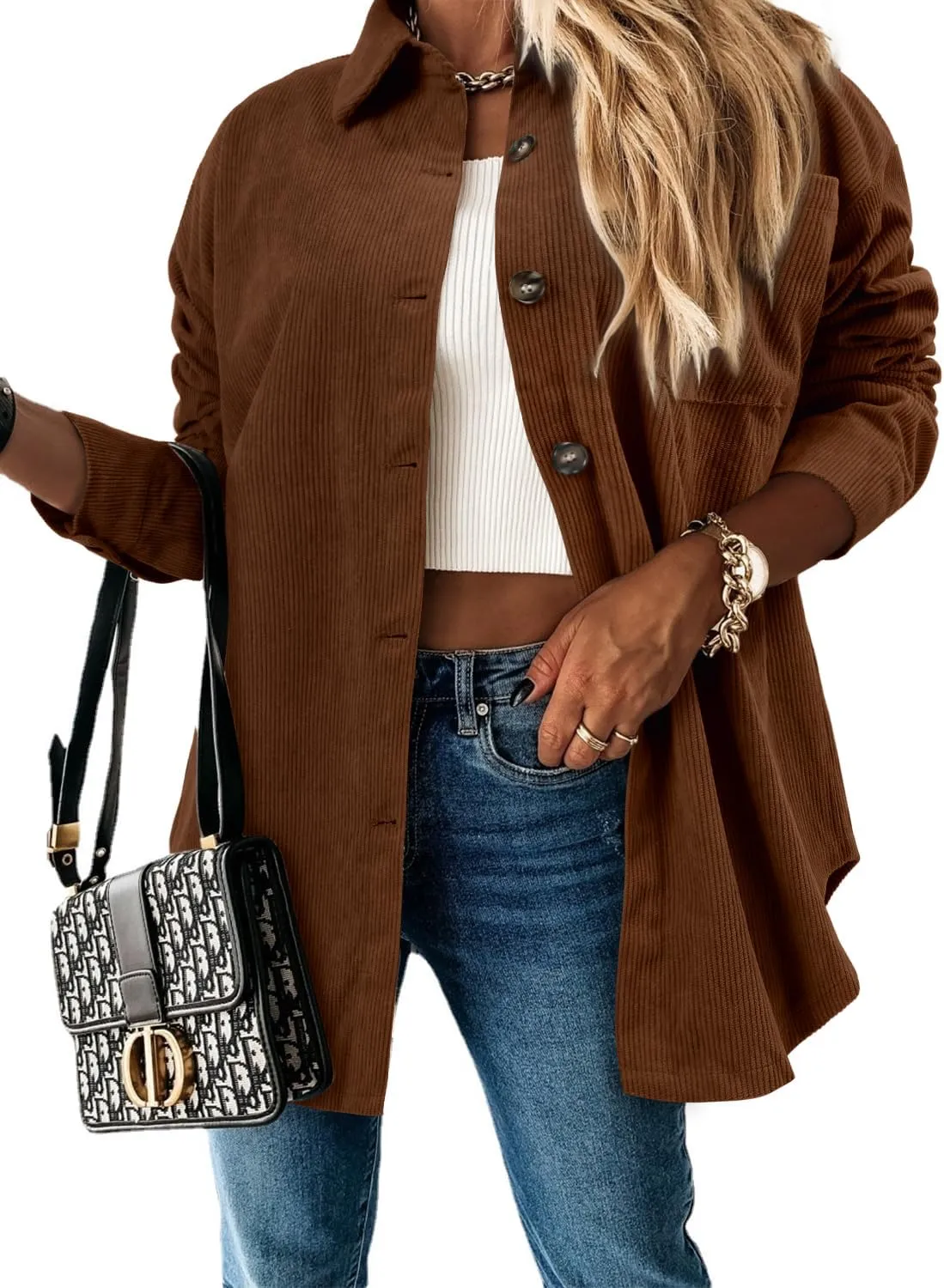 ZOLUCKY Womens Shackets Jacket Plus Size Long Sleeve Button Down Shirts Blouses Tops