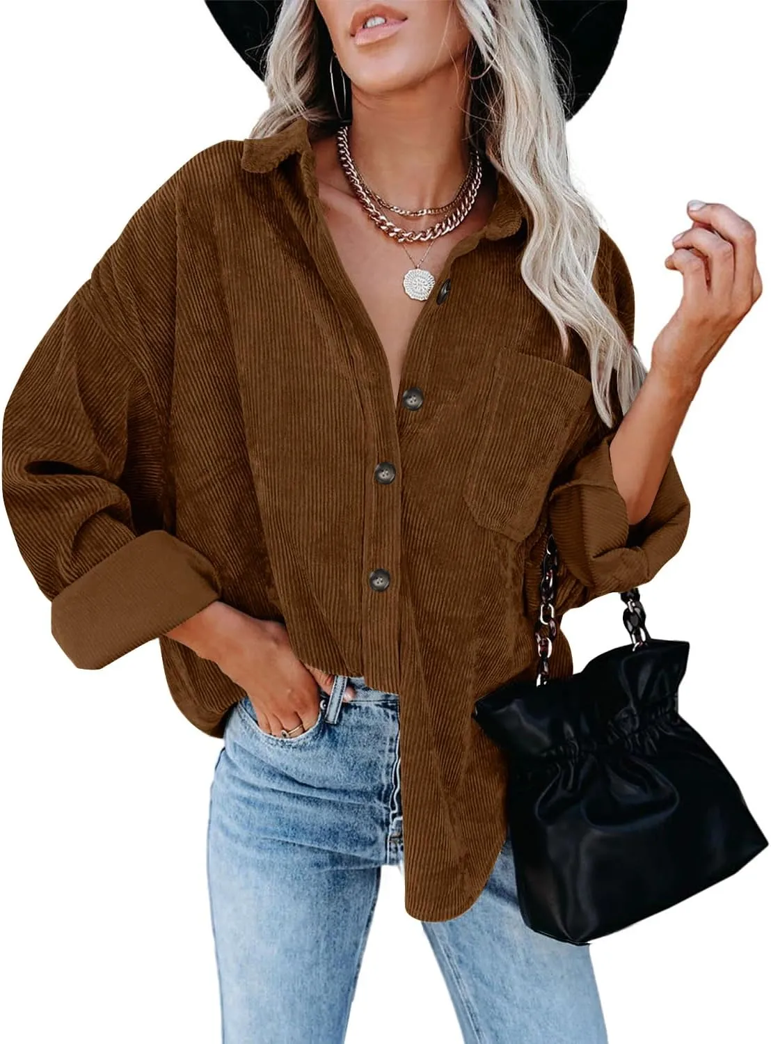 ZOLUCKY Womens Shackets Jacket Plus Size Long Sleeve Button Down Shirts Blouses Tops