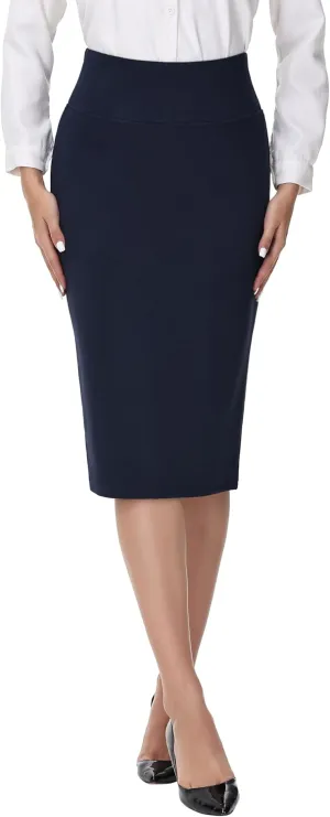 ZTN Skirts for Women Stretch High Waist Pencil Skirt Bodycon Business Skirt with Back Slit Below Knee