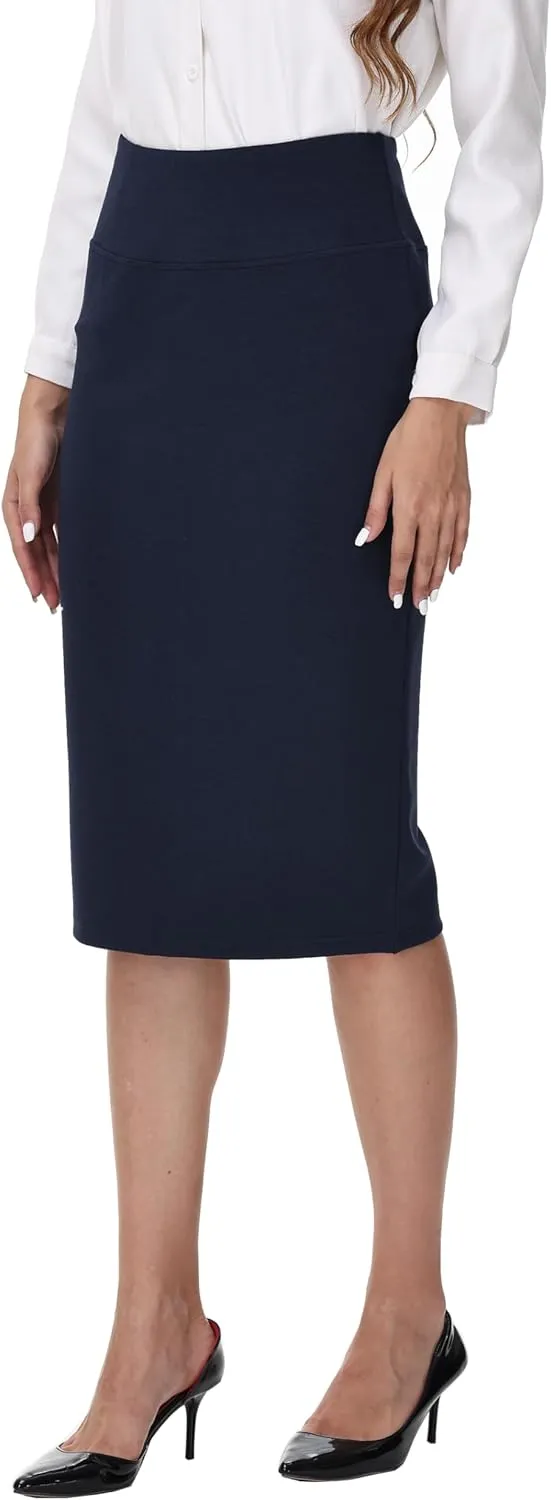ZTN Skirts for Women Stretch High Waist Pencil Skirt Bodycon Business Skirt with Back Slit Below Knee