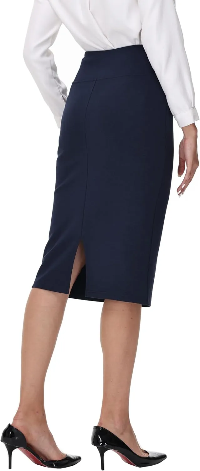 ZTN Skirts for Women Stretch High Waist Pencil Skirt Bodycon Business Skirt with Back Slit Below Knee