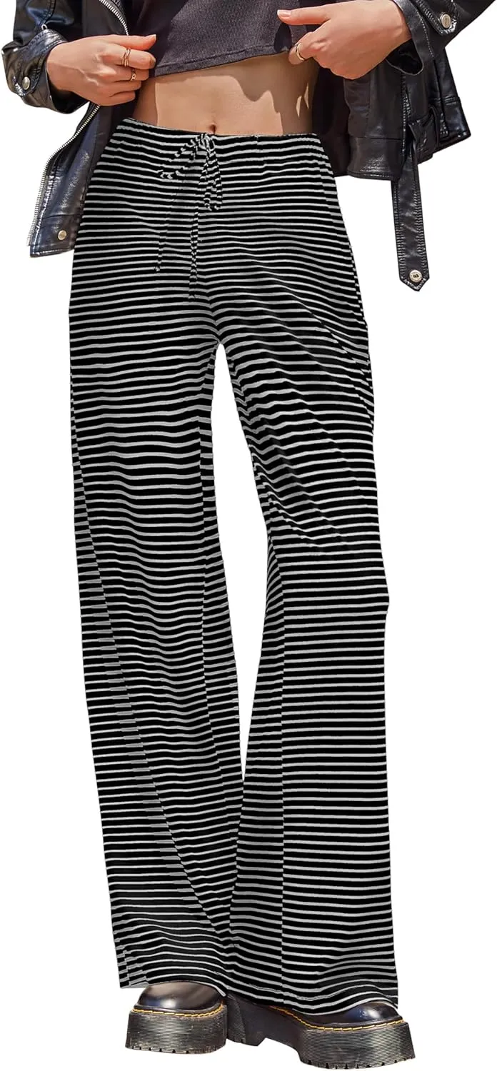 Zwurew Women's Striped Wide Leg Pants Drawstring Elastic Waist Knit Baggy Sweatpants with Pockets