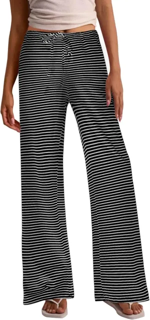 Zwurew Women's Striped Wide Leg Pants Drawstring Elastic Waist Knit Baggy Sweatpants with Pockets