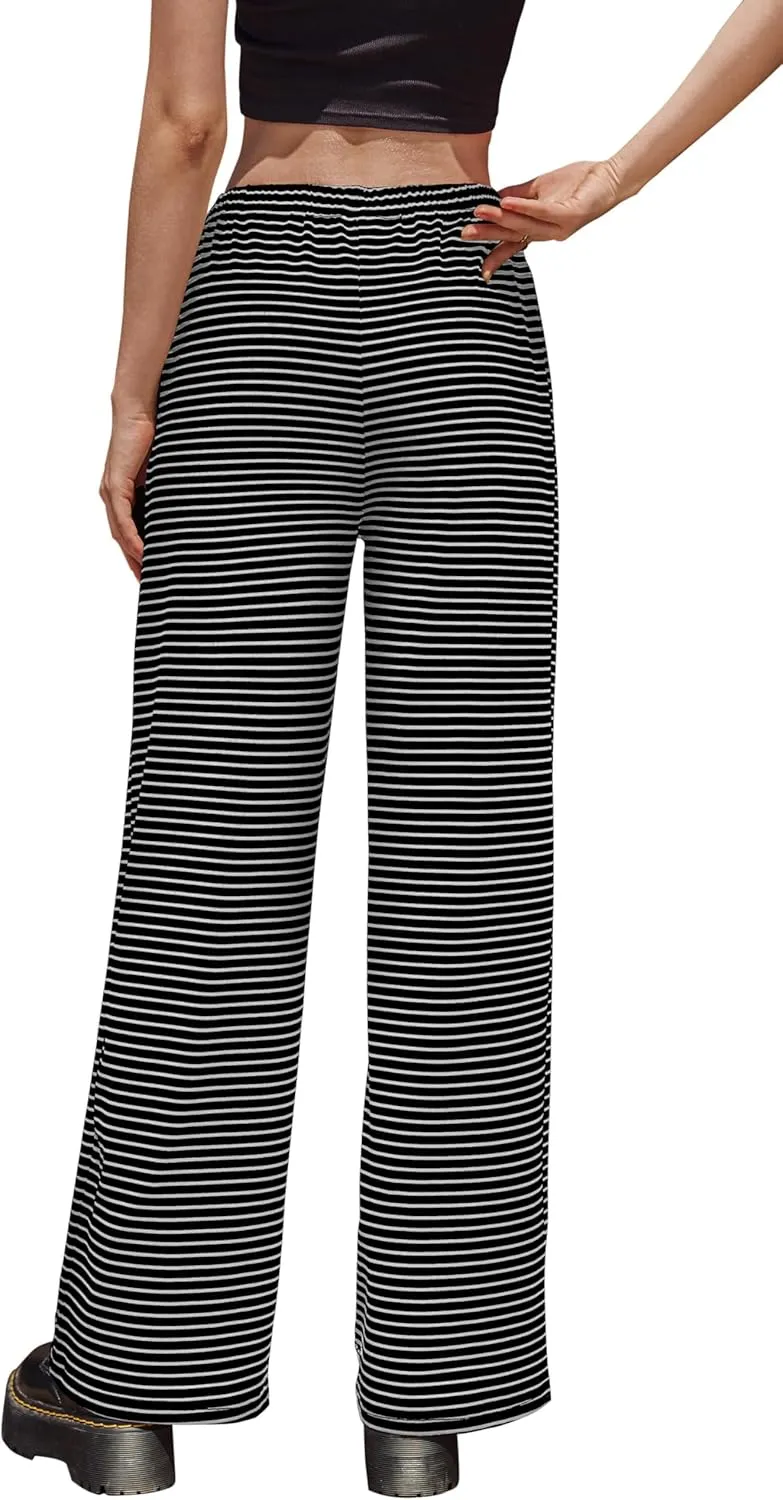Zwurew Women's Striped Wide Leg Pants Drawstring Elastic Waist Knit Baggy Sweatpants with Pockets