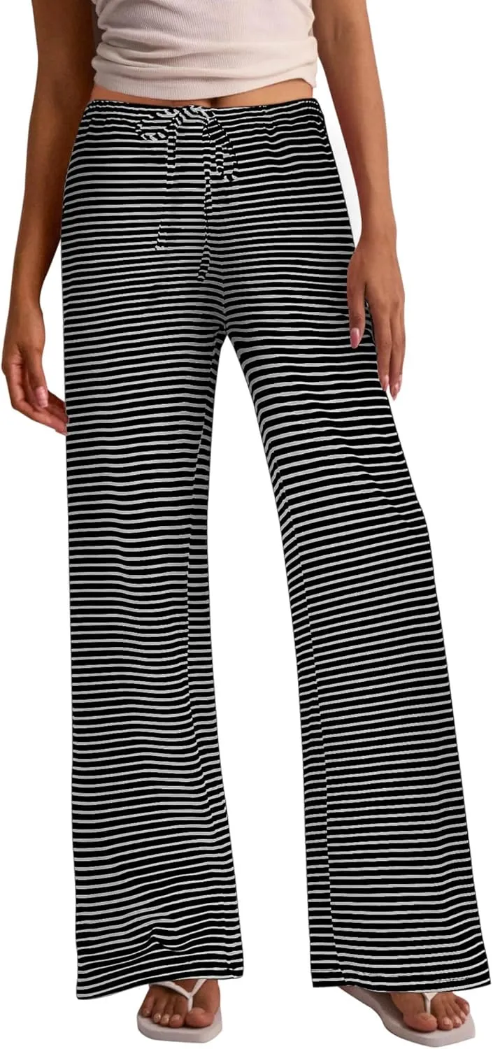 Zwurew Women's Striped Wide Leg Pants Drawstring Elastic Waist Knit Baggy Sweatpants with Pockets